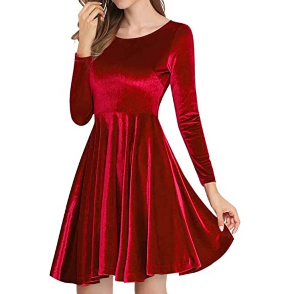 Long Sleeve Velvet Burgundy Mini Skater Dress